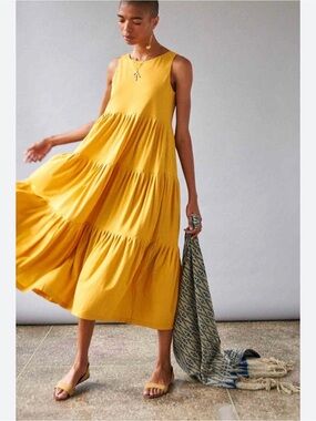 DEMYLEE Jett Dress Large Yellow Tiered Maxi Dress 100% Cotton